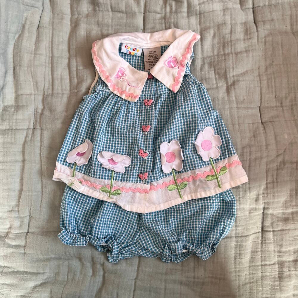 Vintage Cradle Togs Gingham picnic outfit set top and bloomers 6/9 months